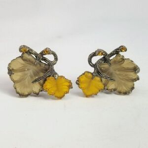 Vintage Judy Lee Fall Leaves Rhinestone Clip On Earrings, Yellow Brown, Estate